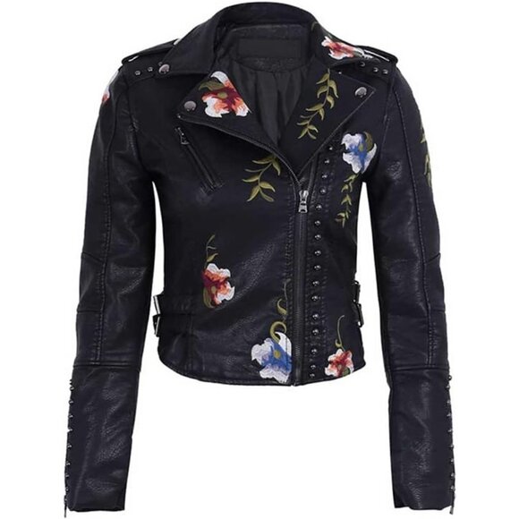 Women Black100% Polyester Leather Moto Punk Jacket Floral Coat